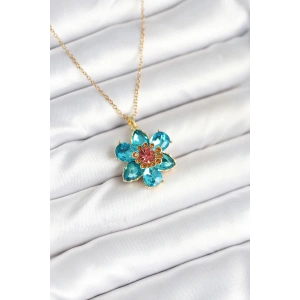 BFS 316L Çelik Zincirli Mavi Çiçek Model Kadın Kolye