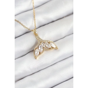 BFS 316L Çelik Zirkon Taşlı Balık Kuyruğu Model Gold Renk Kadın Kolye