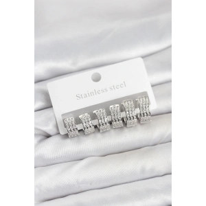 BFS 316L Çelik Zirkon Taşlı Gümüş Renk Halka Küpe Seti