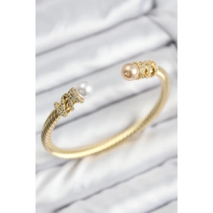 BFS 316L Çelik Zirkon Taşlı İnci Model Gold Renk Kadın Bileklik