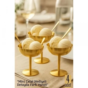 BFS  4 lü Gold Inox Çelik Ayaklı Dondurma ve Sunum Kasesi – Tatlı, Lokum ve Sunum Kabı