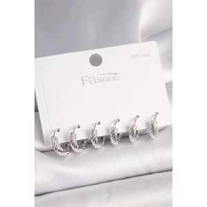 BFS 925 Ayar Gümüş Çivi Pirinç Gümüş Renk İşlemeli Halka Model Kadın Küpe Seti