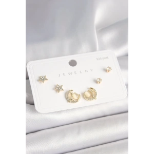 BFS 925 Ayar Gümüş Çivi Zirkon Taşlı Hilal Yıldız Model Kadın Küpe Seti