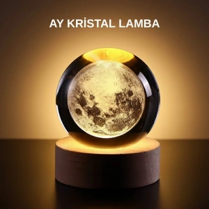 Mey İthalat® Ay Figürlü 3D Kristal Küre LED Gece Lambası Ahşap Standlı Dekoratif Lamba