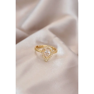 BFS Ayarlamalı Gold Renk Metal Zirkon Taşlı Damla Model Yüzük