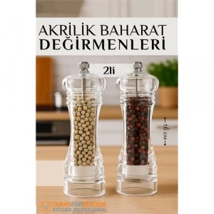 BFS  Baharat Öğütücü - Baharat Karabiber Tuz Değirmeni Ahşap Akrilik Kristal 2 li SET
