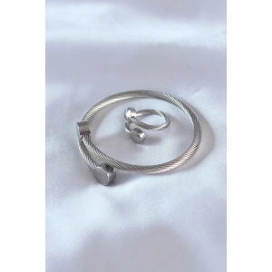 BFS Çelik Gümüş Renk Sıkı Burgu Model Erkek Bileklik Yüzük Seti