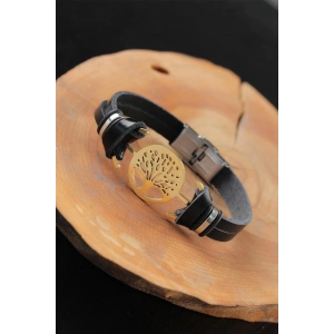 BFS Gold Renk Metal Ağaçlı Tasarım Siyah Renk Deri Erkek Bileklik