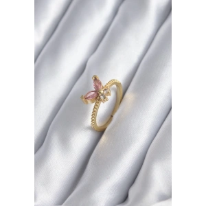 BFS Gold Renk Pembe Zirkon Taşlı Kelebek Model Kadın Yüzük