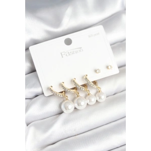 BFS Gold Renk Zirkon Taşlı Pirinç İncili 925 Ayar Gümüş Çivili Küpe Seti