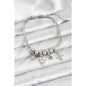 BFS Gümüş Renk Pirinç Yonca Charmlı Kadın Bileklik