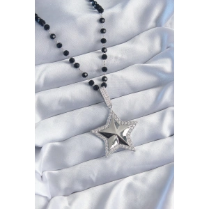 BFS Gümüş Renk Siyah Boncuk Zirkon Taşlı Pirinç Yıldız Model VİP Seri Kadın Kolye