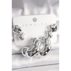 BFS Gümüş Renk Yonca Damla Halka Model CCB Plastik Kadın Küpe Seti