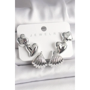 BFS Gümüş Renk Yonca Kalp Deniz Kabuğu Figür CCB Kadın Küpe Seti