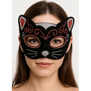 BFS Kadife Dokulu Sim Detaylı Işıltılı Kedi Maskesi Kırmızı Gümüş 20x13 Cm