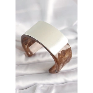 BFS Kahverengi Mermer Desen Akrilik Plastik Gümüş Dikdörtgen Plaka Vintage Kadın Bilezik