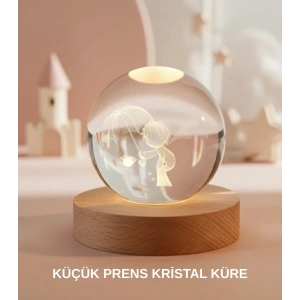 BFS Küçük Prens Figürlü 3D Kristal Top Sıcak Işıklı USB Ahşap Tabanlı Dekor Lamba