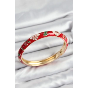 BFS Mineli Pirinç Kırmızı Çiçek Motifli Gold Kadın Kelepçe