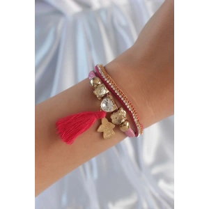 BFS Pembe Renk Zirkon Taşlı Püskül Detay Deri Çoklu Bileklik