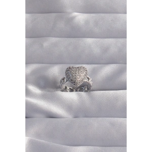 BFS Pirinç Ayarlamalı Gümüş Renk Zirkon Taşlı Bombeli Kalp Yüzük