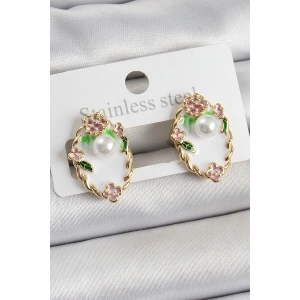 BFS Pirinç Beyaz Mineli İnci Detaylı Sanatsal Portre Model Gold Renk Kadın Küpe