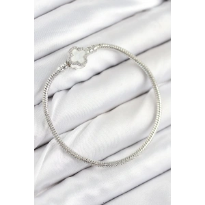 Mey İthalat® Pirinç Charm Zirkon Taşlı Yonca Model Gümüş Renk Kadın Bileklik
