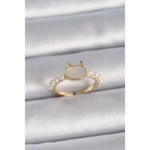 BFS Pirinç Gold Renk Ayarlanabilir Beyaz Mineli Kedi Model İnci Detay Kadın Yüzük