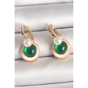 BFS Pirinç Gold Renk Beyaz Yeşil Sallantı Mineli Kadın Küpe