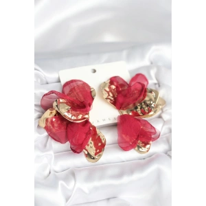 BFS Pirinç Gold Renk Bordo Tüllü Lotus Kadın Küpe