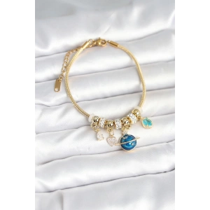 BFS Pirinç Gold Renk Dünya Charmlı Kadın Bileklik