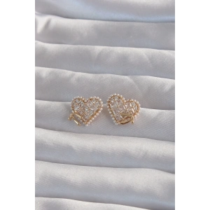 BFS Pirinç Gold Renk Fiyonk Detay İncili Zirkon Taşlı Kalp Küpe