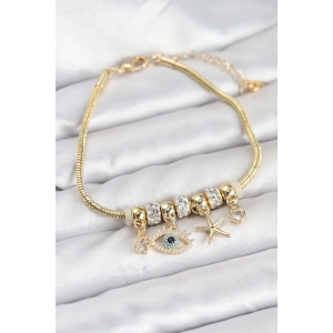 BFS Pirinç Gold Renk Göz Model Charmlı Kadın Bileklik