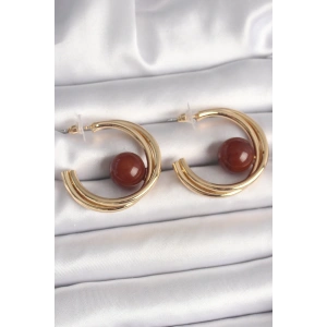 BFS Pirinç Gold Renk Halka Model Kahverengi Boncuk Detay Kadın Küpe