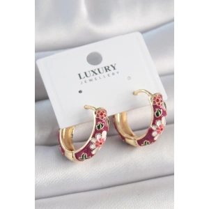 BFS Pirinç Gold Renk Halka Mor Çiçek Mineli Kadın Küpe