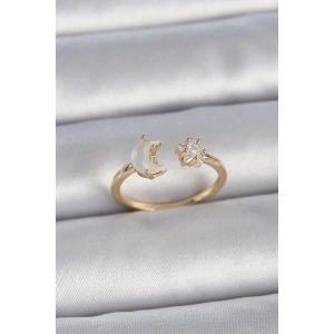 BFS Pirinç Gold Renk İncili Hilal Zirkon Taşlı Yıldız Ayarlanabilir Model Kadın Yüzük