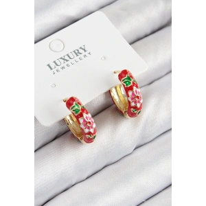 BFS Pirinç Gold Renk Kırmızı Çiçek İşleme Mineli Kadın Küpe