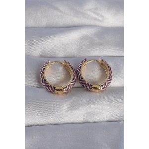 BFS Pirinç Gold Renk Mor Etnik Desenli Halka Küpe