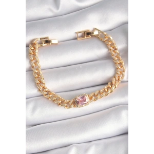 BFS Pirinç Gold Renk Pembe Kare Zirkon Taşlı VIP Seri Kadın Bileklik