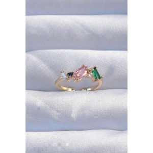 BFS Pirinç Gold Renk Renkli Zirkon Taşlı Ayarlanabilir Yüzük