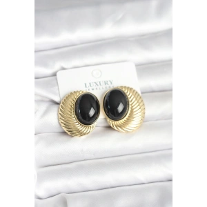 BFS Pirinç Gold Renk Siyah Boncuklu Oval Vintage Kadın Küpe