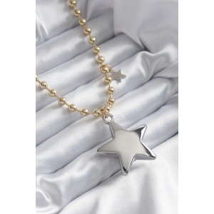BFS Pirinç Gold Renk Topçuk Zincir Gümüş 3D Yıldız Model Yıldız Detay VİP Kadın Kolye
