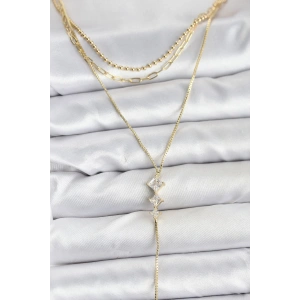 BFS Pirinç Gold Renk Zirkon Taş Detaylı 3lü Kombin Y Kadın Kolye