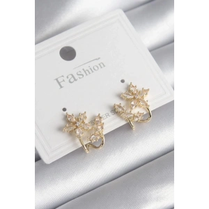 BFS Pirinç Gold Renk Zirkon Taşlı Çiçek Model Kadın Küpe