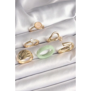 BFS Pirinç Gold Renk Zirkon Taşlı Daire Pembe Mineli Detay 6Lı Kadın Yüzük Seti