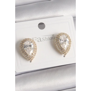 BFS Pirinç Gold Renk Zirkon Taşlı Damla Model Kadın Küpe