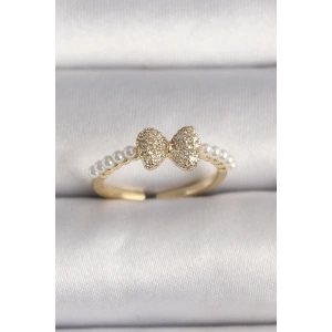 BFS Pirinç Gold Renk Zirkon Taşlı Fiyonk İnci Detay Ayarlanabilir Yüzük