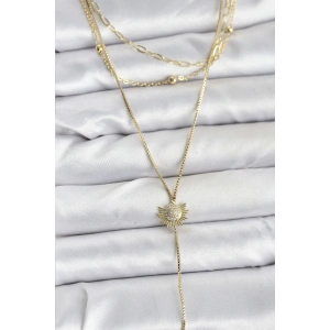 BFS Pirinç Gold Renk Zirkon Taşlı Güneş Model Detaylı 3lü Kombin Y Kadın Kolye