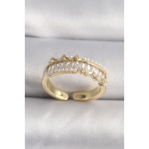 BFS Pirinç Gold Renk Zirkon Taşlı İnci Detay VIP Seri Kadın Yüzük