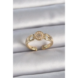 BFS Pirinç Gold Renk Zirkon Taşlı İncili Kalp İşleme Detay Ayarlanabilir Kadın Yüzük