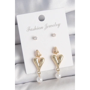 BFS Pirinç Gold Renk Zirkon Taşlı İncili Sallantılı Kalp Model 3 Çift Kadın Küpe Seti